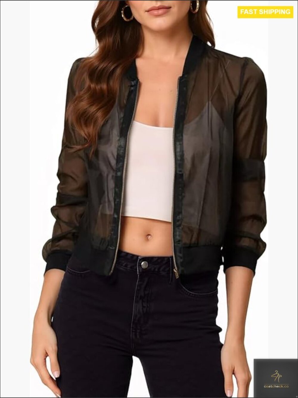 Sheer Crop Bomber Jacket Lightweight Long Sleeve Zip Up See Through Layering